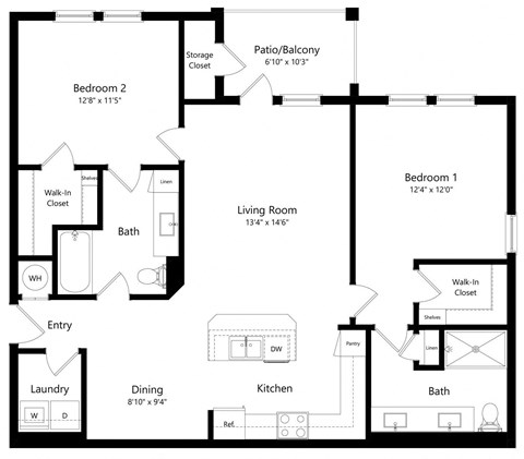 Floor plan for 2 beds, 2 baths, 1152 sqft